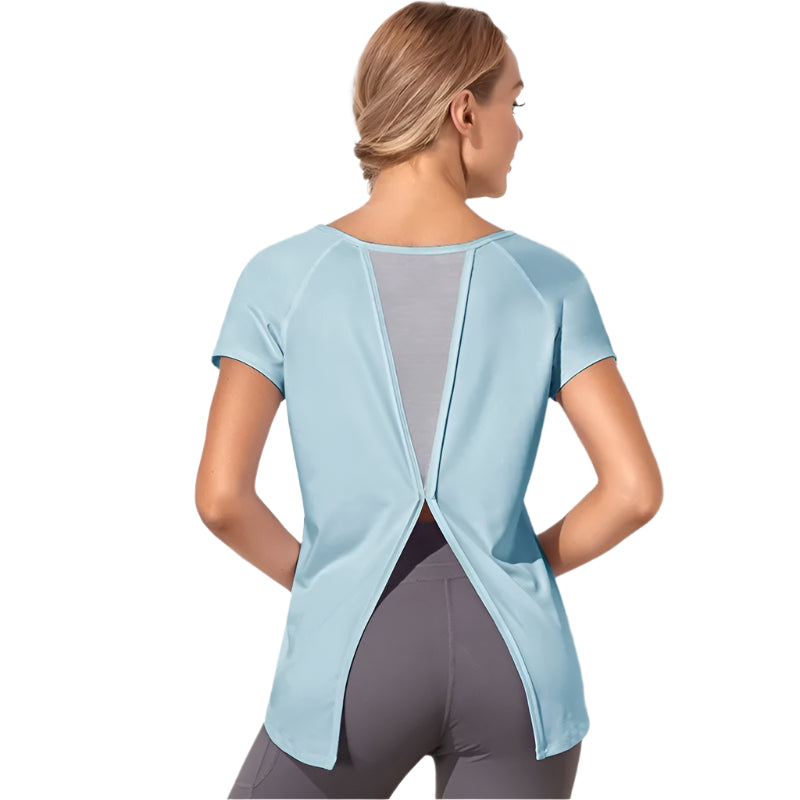 Xooie Fit dovetail split workout shirt in light blue with short sleeves and back slit design
