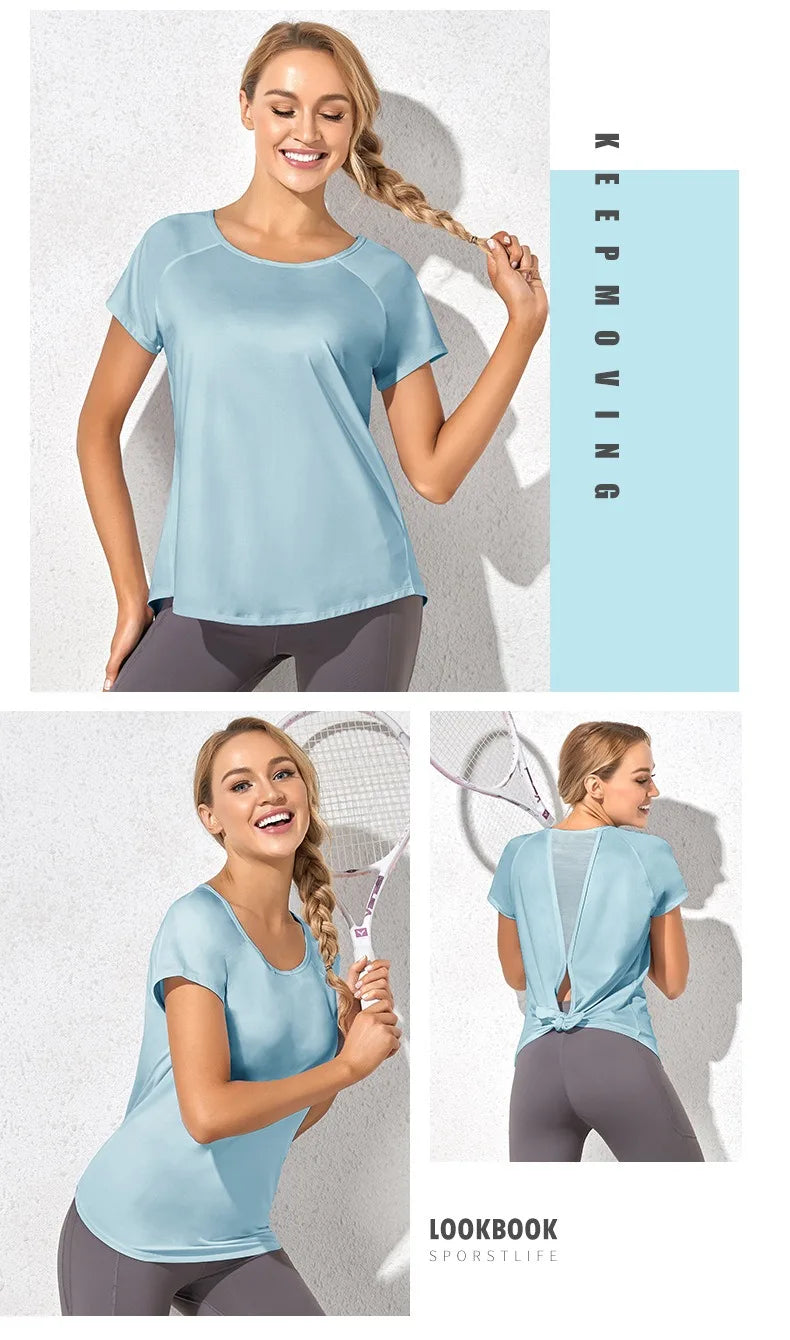 Xooie Fit light blue dovetail split workout shirt worn by woman showing front and back views