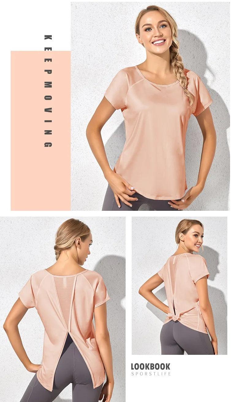 Xooie Fit pink dovetail split workout shirt with short sleeves and breathable fabric for active women