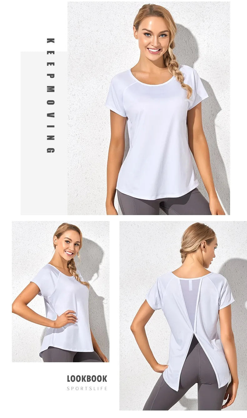 Xooie Fit white dovetail split workout shirt with short sleeves and open back design for women