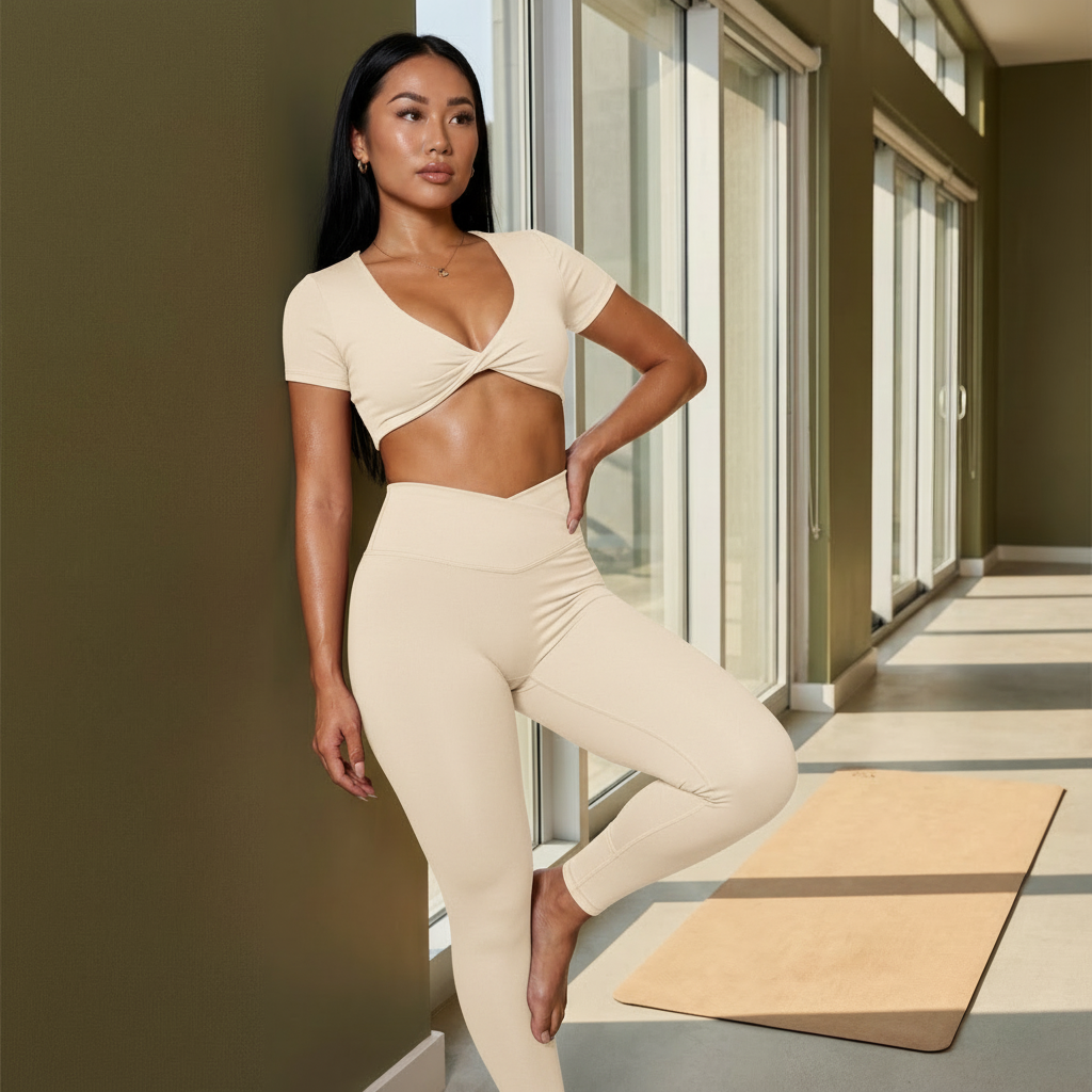 White twist crop top and matching high-rise active leggings