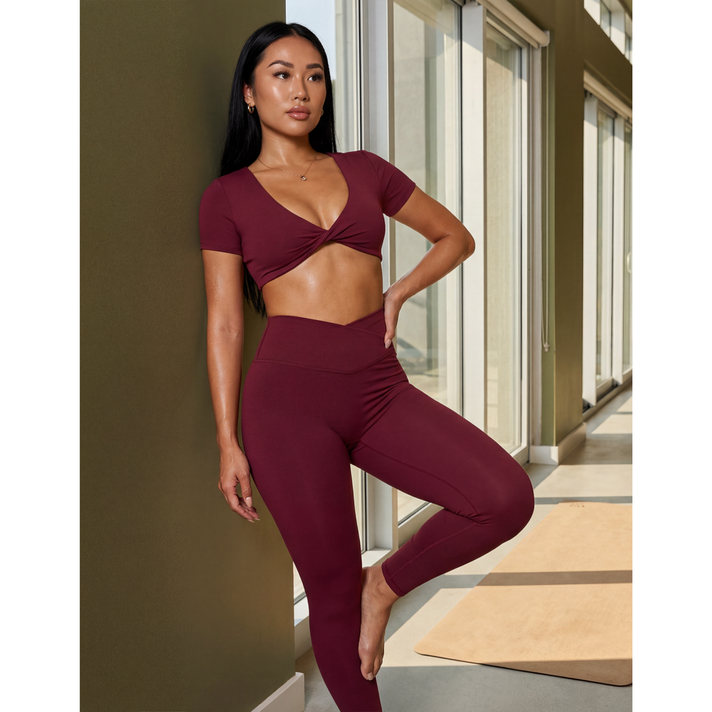 Maroon twist crop top and matching high-rise active leggings set