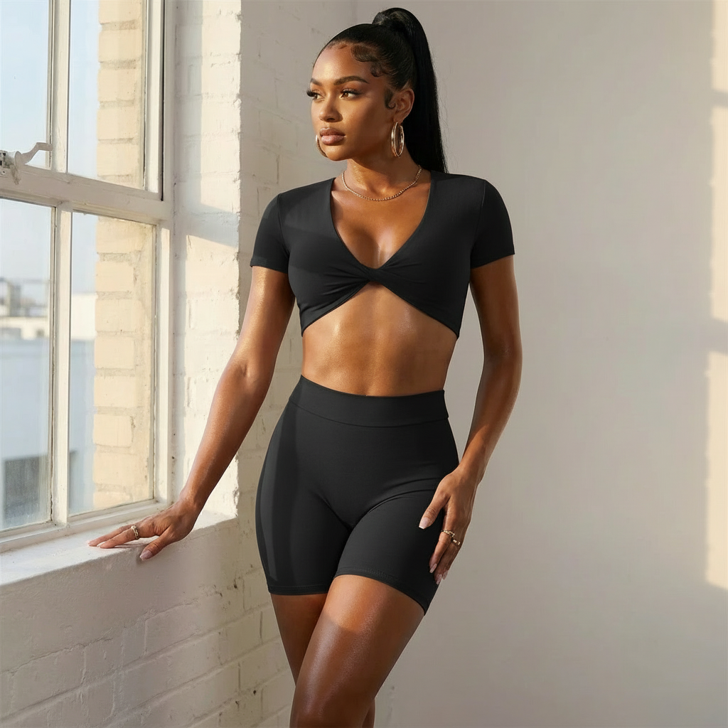 Xooie Fit short sleeve crop top and shorts set in black for a stylish and comfy look