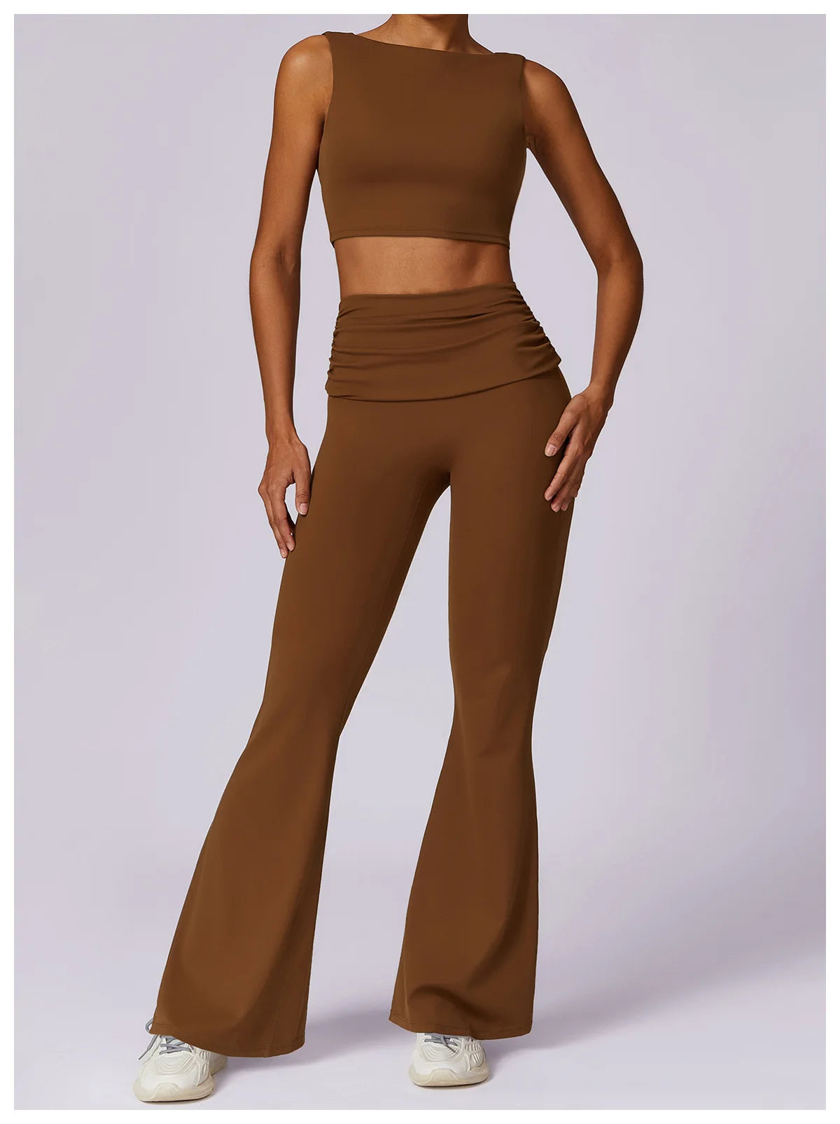 Brown flared yoga outfit with matching sports bra crop top