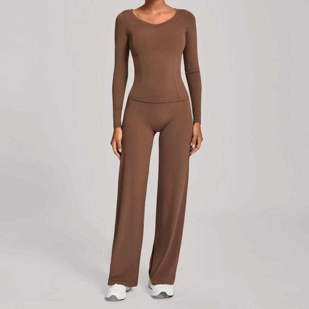 Xooie Fit brown long-sleeve active shirt and flare pants matching set
