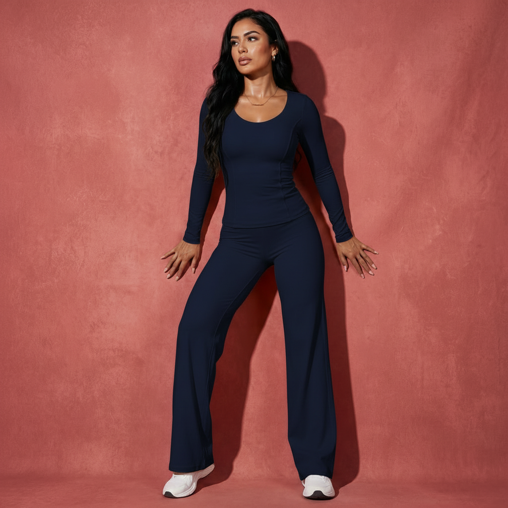 Xooie Fit long sleeve shirt flare pants set in navy, perfect for stylish and comfortable activewear