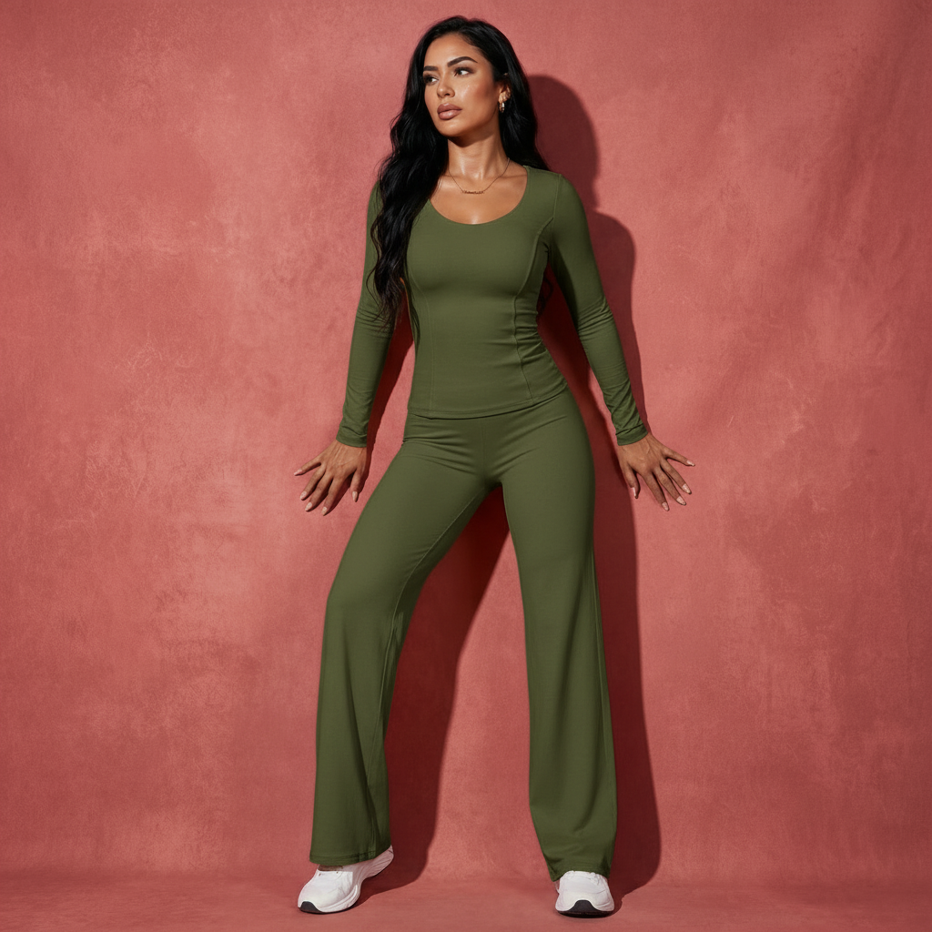 Xooie Fit long sleeve shirt flare pants set in olive green for stylish comfort and everyday wear