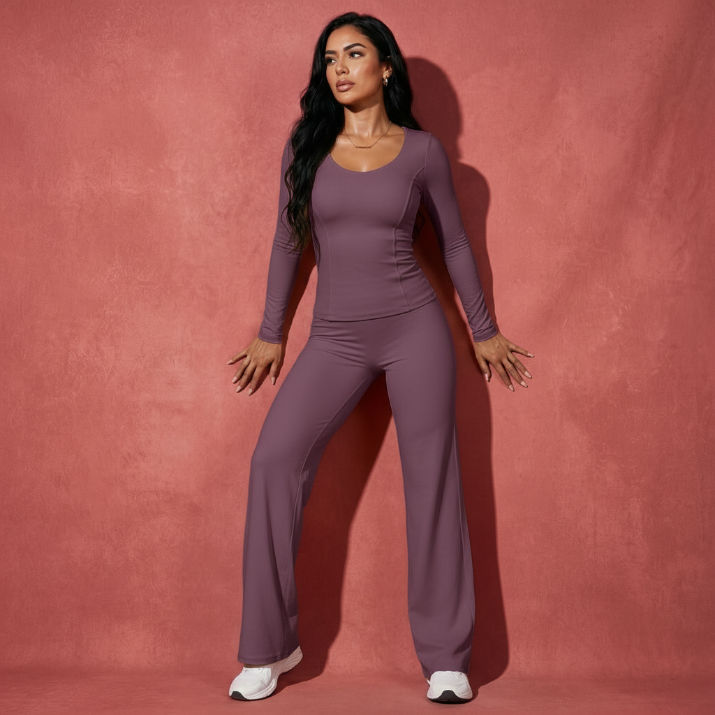 Xooie Fit Long Sleeve Shirt Flare Pants Set in mauve for a stylish and comfortable outfit