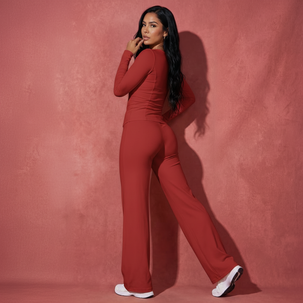 Xooie Fit long sleeve shirt flare pants set in red for a comfortable and stylish look