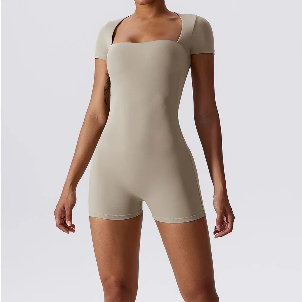 Women's one-piece yoga suit, camel tan short sleeves square neckline fitted shorts