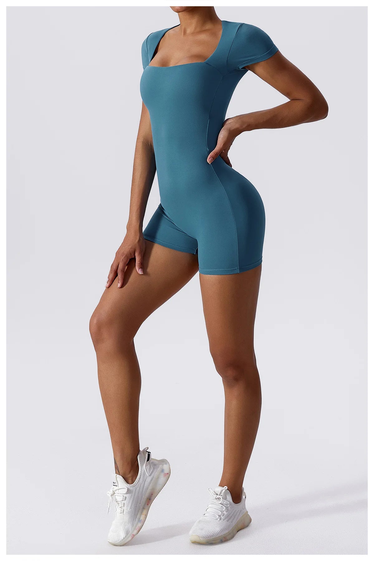 Women's one-piece yoga suit, peacock blue fitted romper with short legs short sleeves
