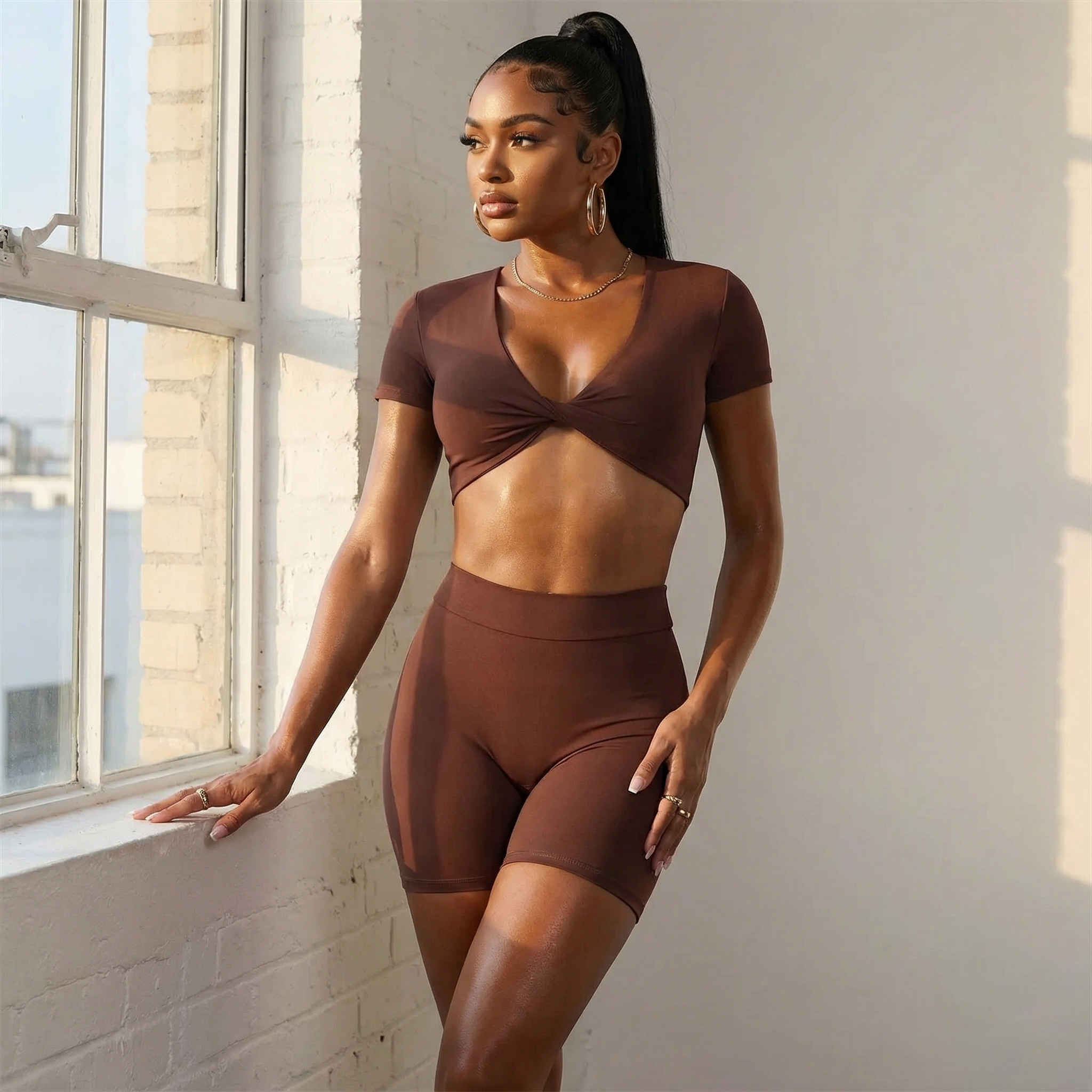 Xooie Fit short sleeve crop top and shorts set in brown for stylish summer outfits