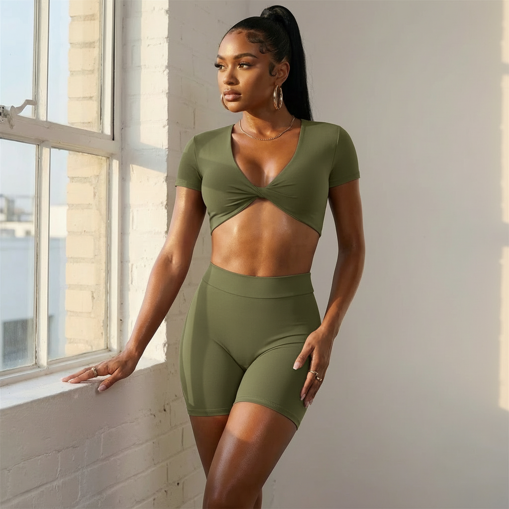 Xooie Fit short sleeve crop top and shorts set in olive green for comfortable casual wear