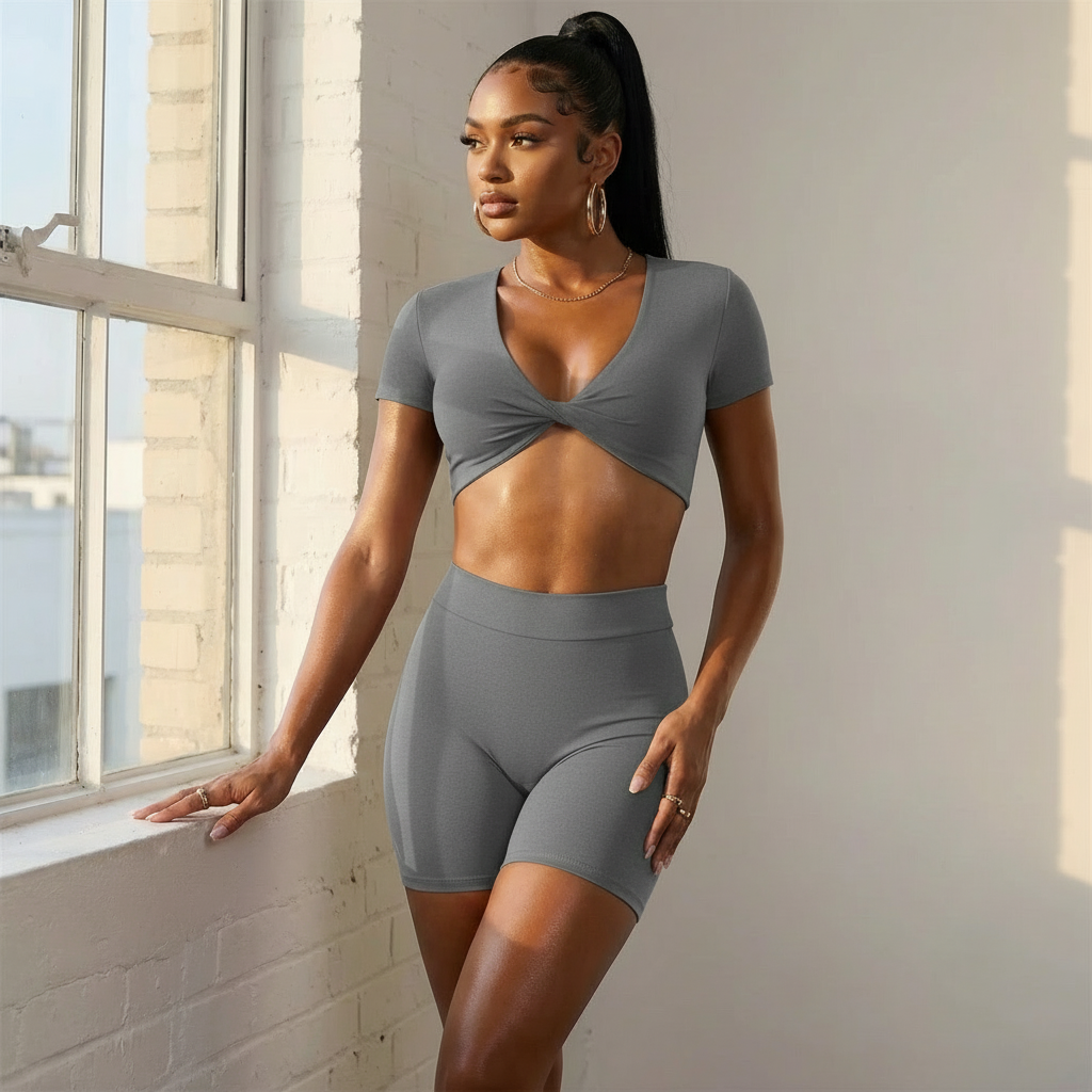 Stylish Xooie Fit short sleeve crop top and shorts set in gray for a trendy summer look