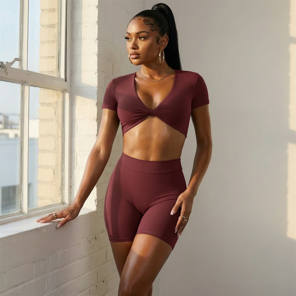 Xooie Fit short sleeve crop top and shorts set in burgundy, perfect for casual or workout wear.