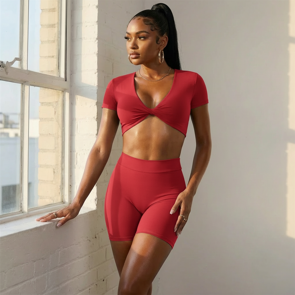 Xooie Fit short sleeve crop top and shorts set in red, perfect for casual outings and workouts