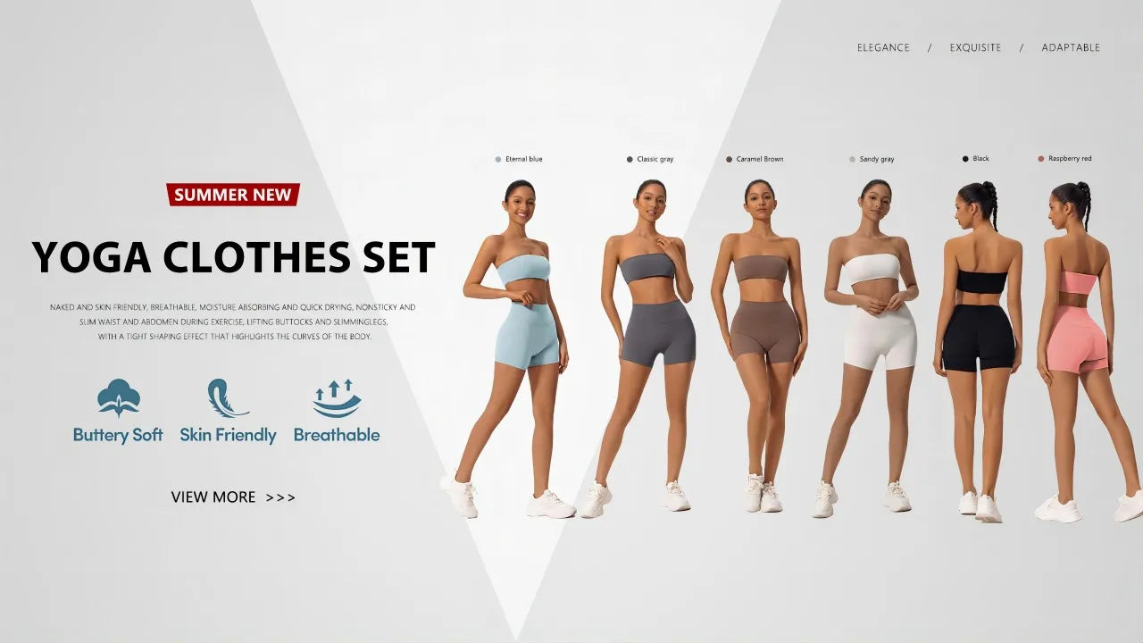 Women’s yoga two-piece set lineup: strapless bandeau tops with matching shorts