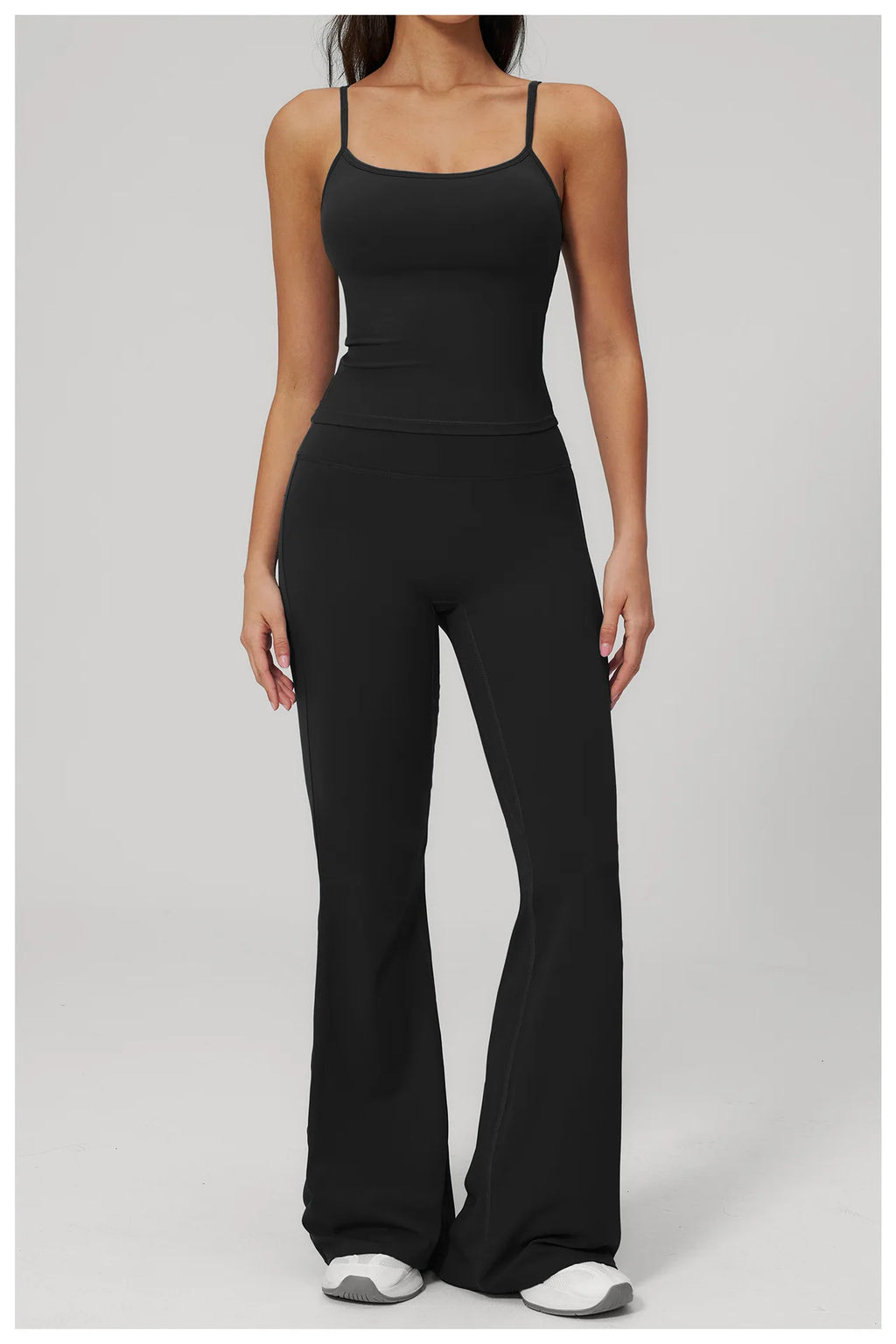 Women’s black sports set: spaghetti-strap tank with matching wide-leg leggings