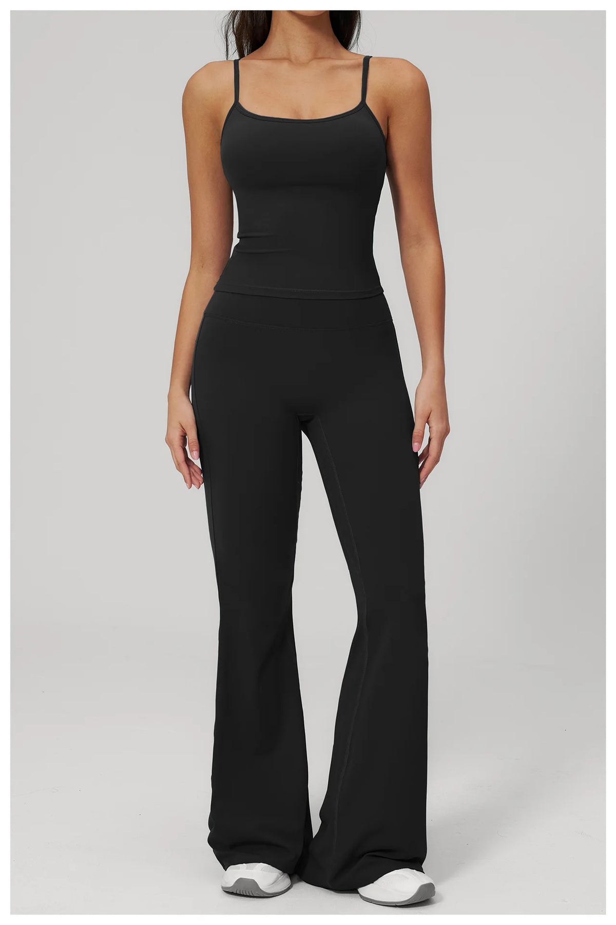 Women’s black sports set: spaghetti-strap tank with matching wide-leg leggings
