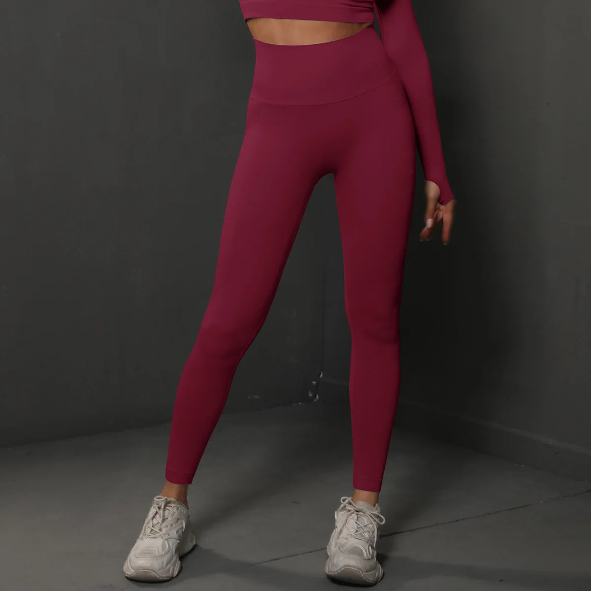 High-waist yoga leggings, deep wine red, full-length with smooth stretch fabric