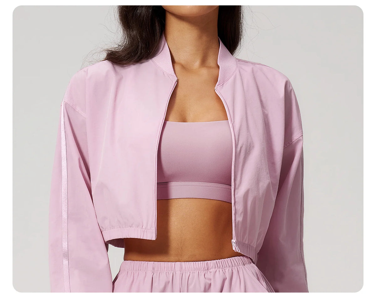 Lilac pink cropped zip-up yoga jacket with stand collar and full front zipper