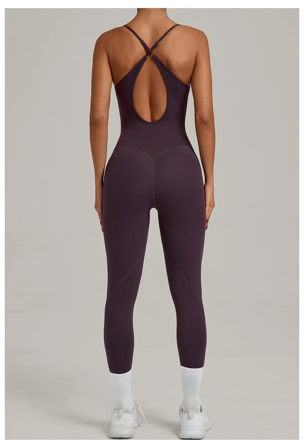 Women’s sleeveless yoga jumpsuit, open back with crisscross straps, grape purple, full-length