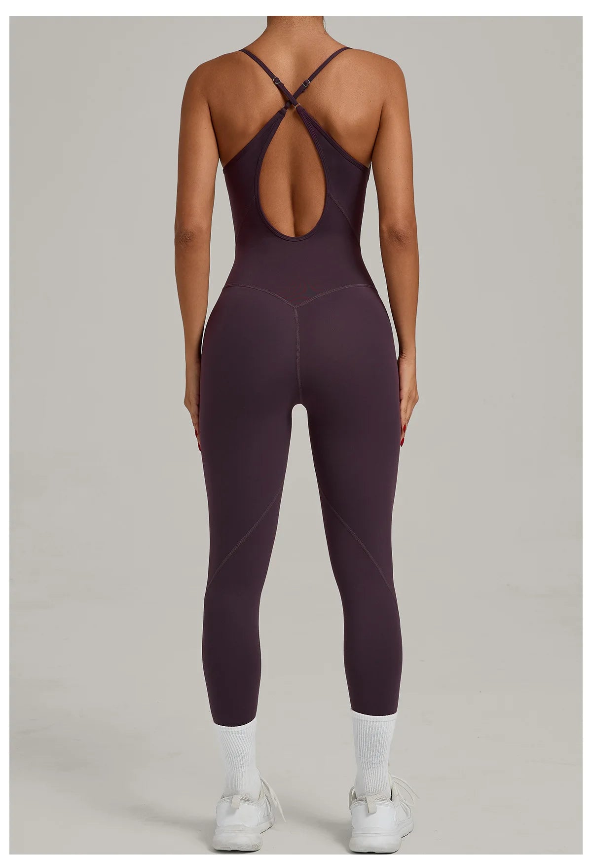 Women’s sleeveless yoga jumpsuit, open back with crisscross straps, grape purple, full-length