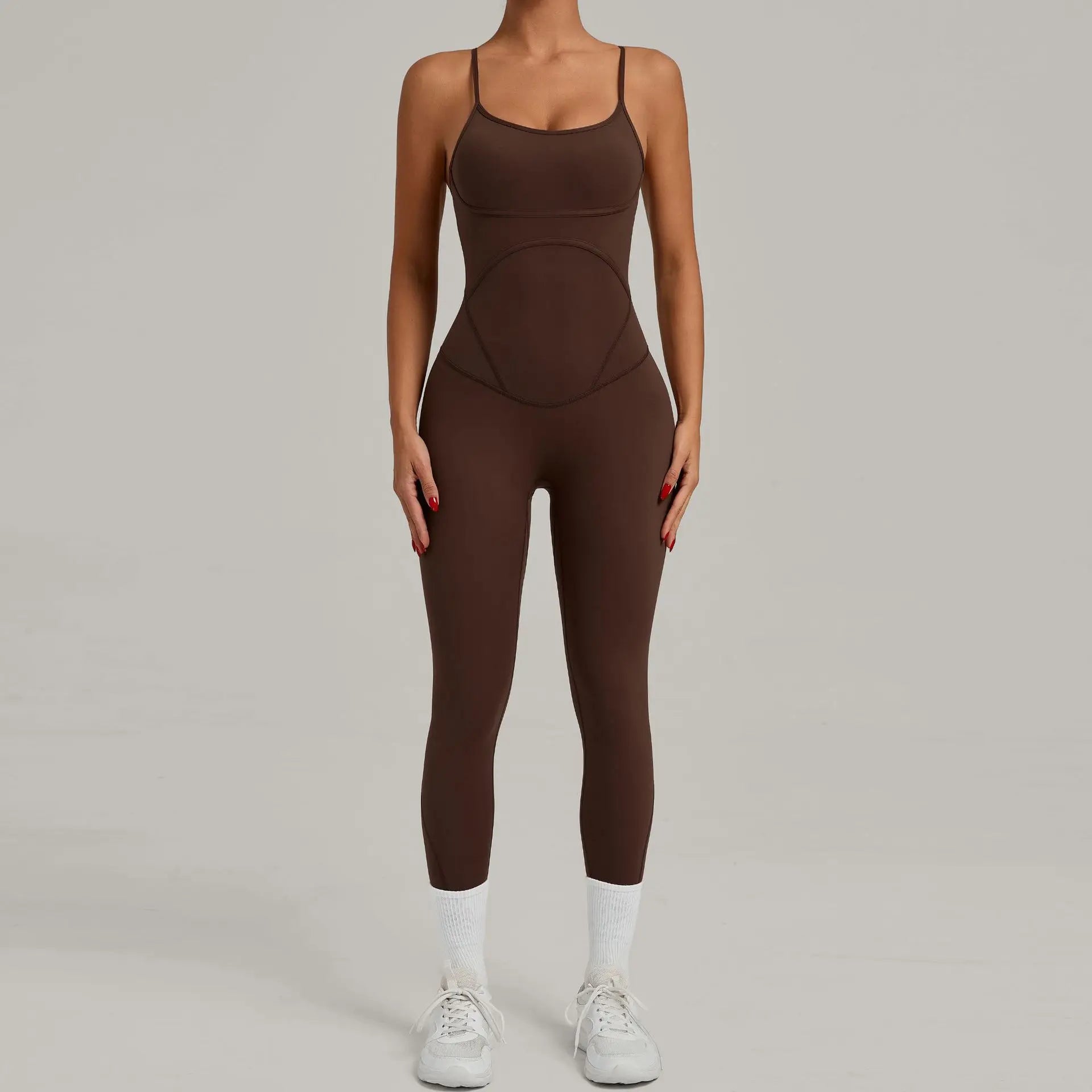 Brown one-piece yoga bodysuit with scoop neckline and fitted capri legs