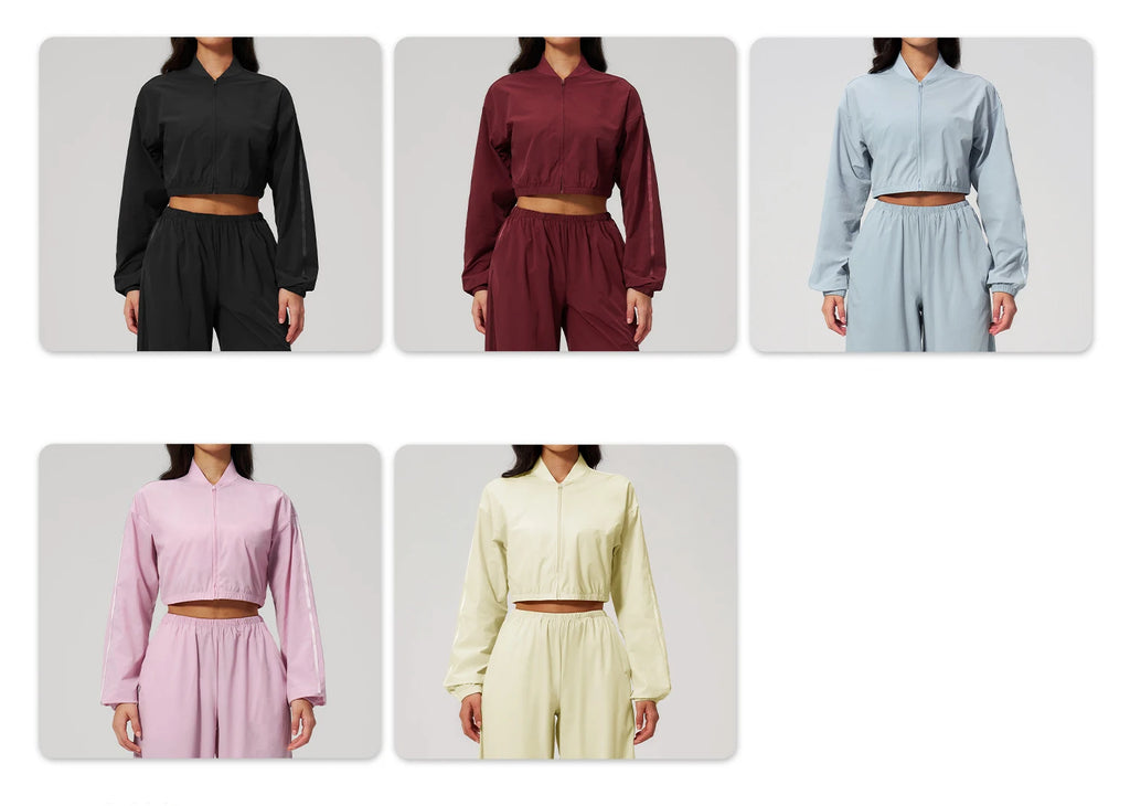 Cropped zip-up yoga jacket color options: black, burgundy, sky blue, pink, and yellow