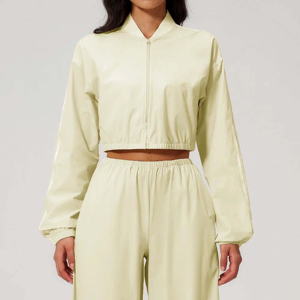 Women’s cropped zip-up yoga jacket, almond yellow, long sleeves with front zipper