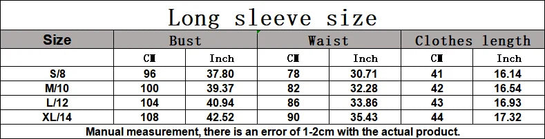 Size chart for long sleeve jacket: bust, waist, and clothing length in inches