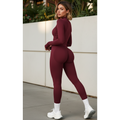 Maroon activewear matching set with zip-front jacket and high-rise leggings