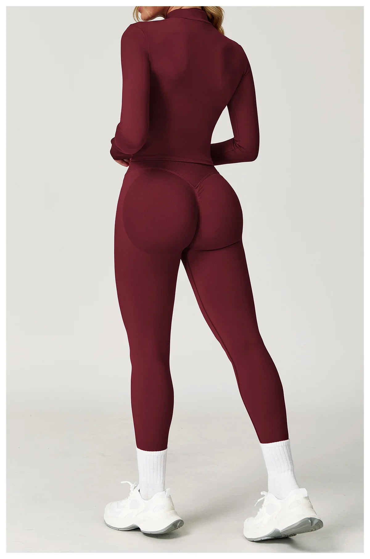 Xooie Fit Two-Piece Set featuring a stylish jacket and leggings fitness outfit in burgundy2