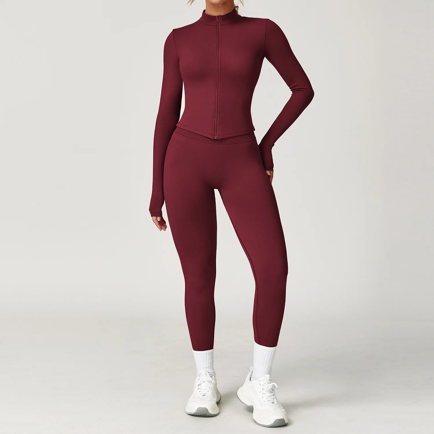 Xooie Fit burgundy two-piece jacket and leggings fitness outfit for stylish workouts