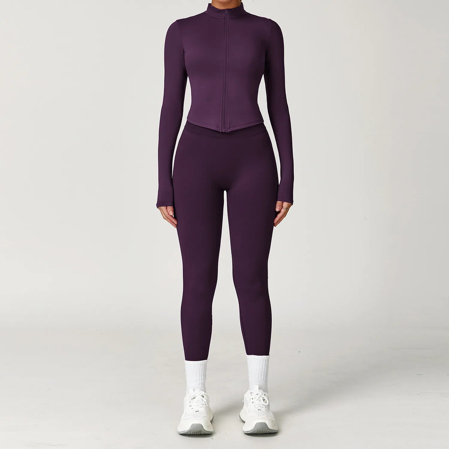 Xooie Fit two-piece jacket and leggings fitness outfit in purple designed for comfort and style