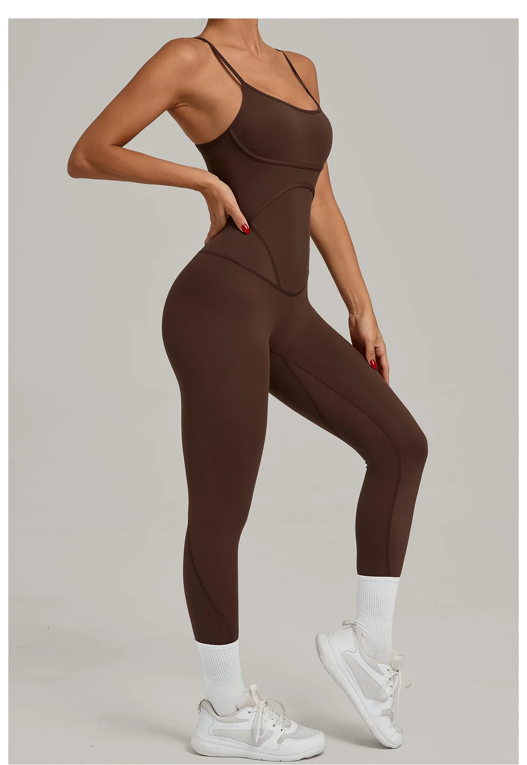 Brown sleeveless jumpsuit with oval back cutout and long capri legs