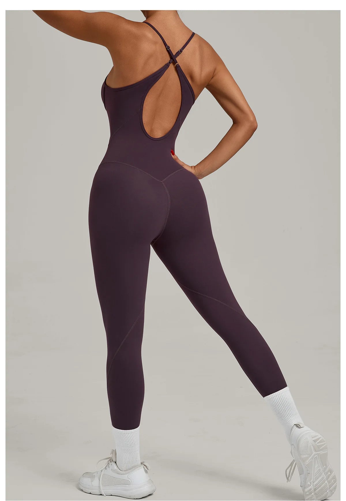 Women’s sleeveless yoga jumpsuit, open back crisscross straps, grape purple, 3/4 sleeve?