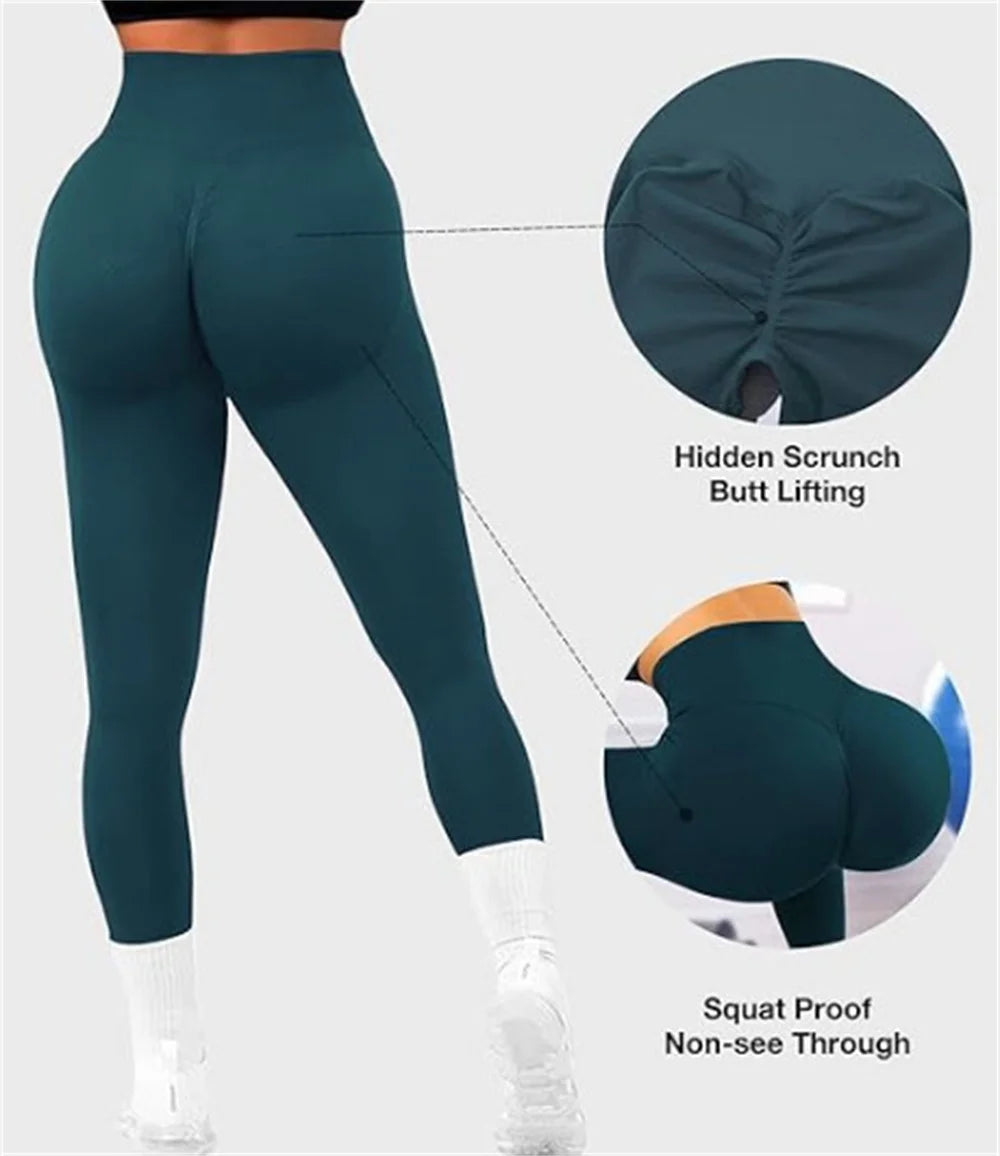 High-waist yoga leggings, dark teal, full-length with seamless-looking contouring