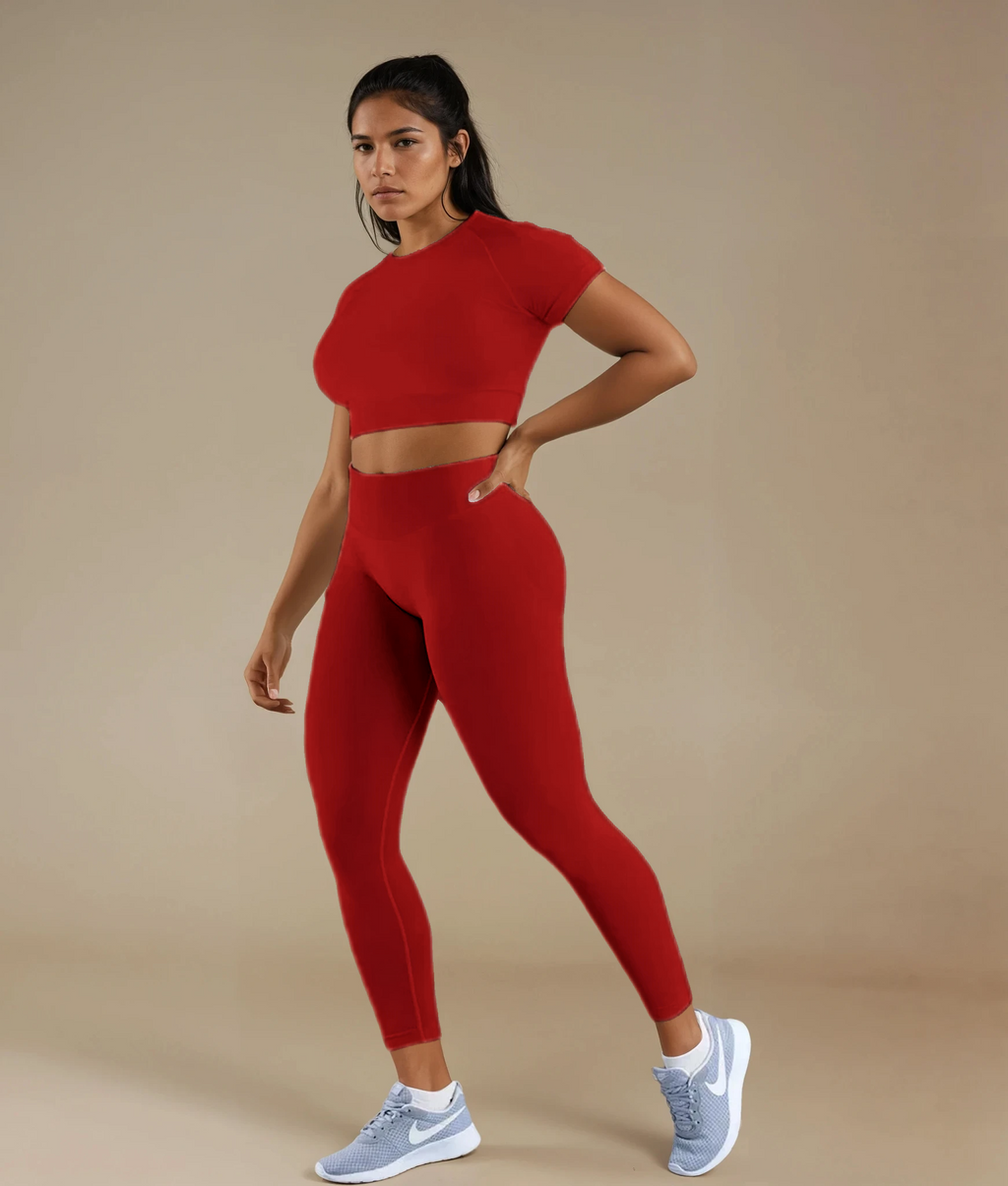 Xooie Fit Fitted Crop Top Leggings Set in Red for a Stylish and Comfortable Workout