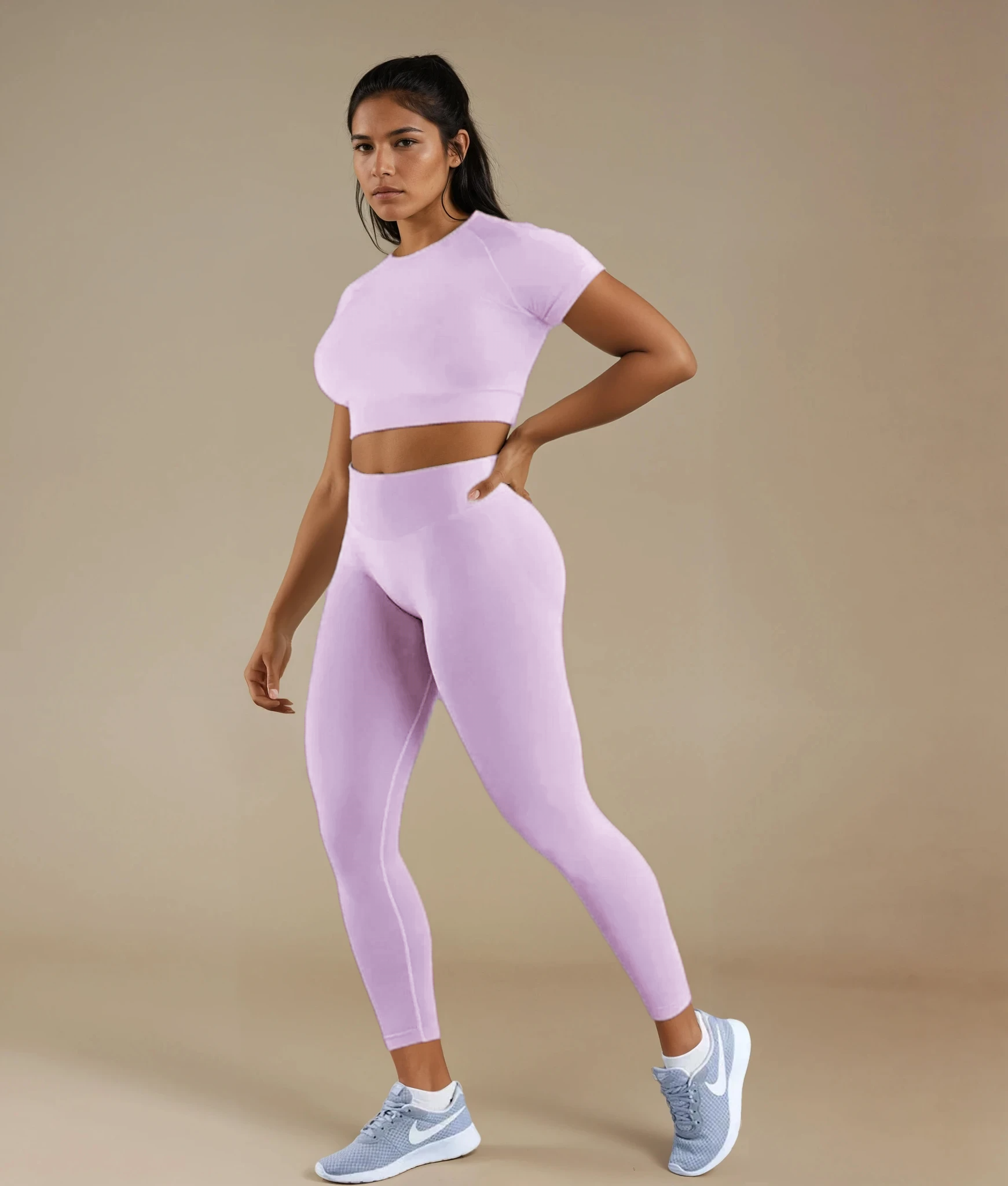 Xooie Fit Fitted Crop Top Leggings Set in Soft Pink for Comfortable Activewear
