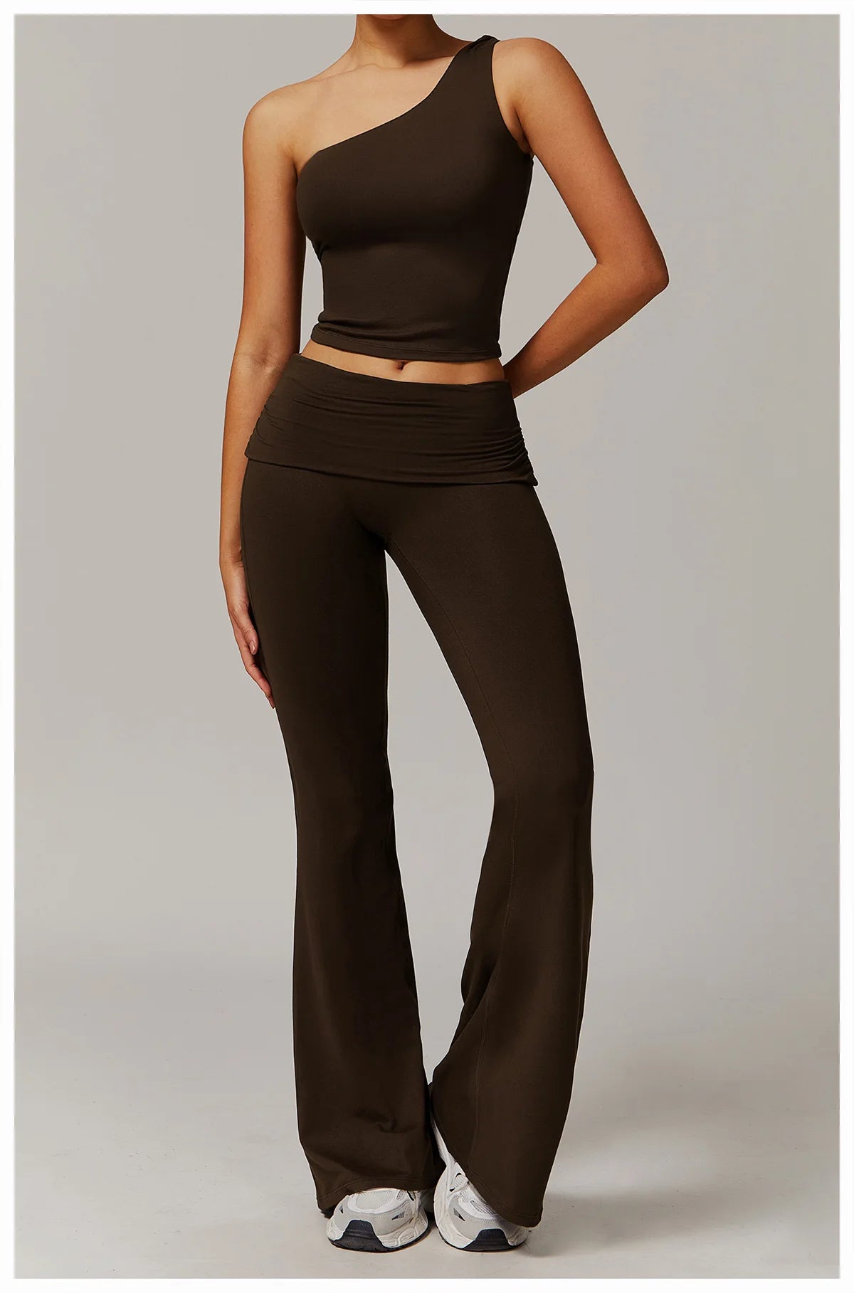 Xooie Fit flare leg workout set in dark brown with one-shoulder top and flared pants