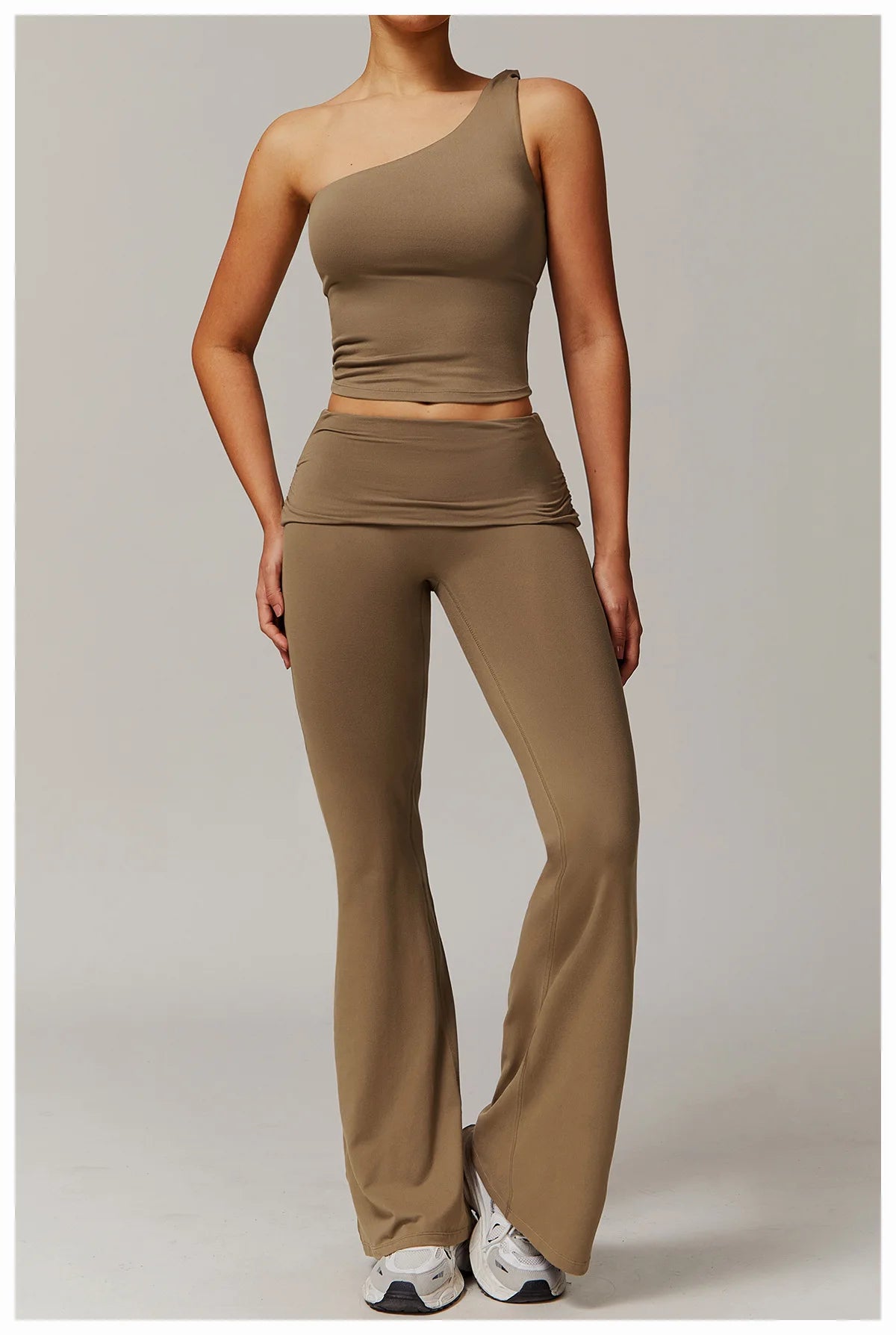 Xooie Fit flare leg workout set in brown with one-shoulder crop top and high-waisted flared leggings