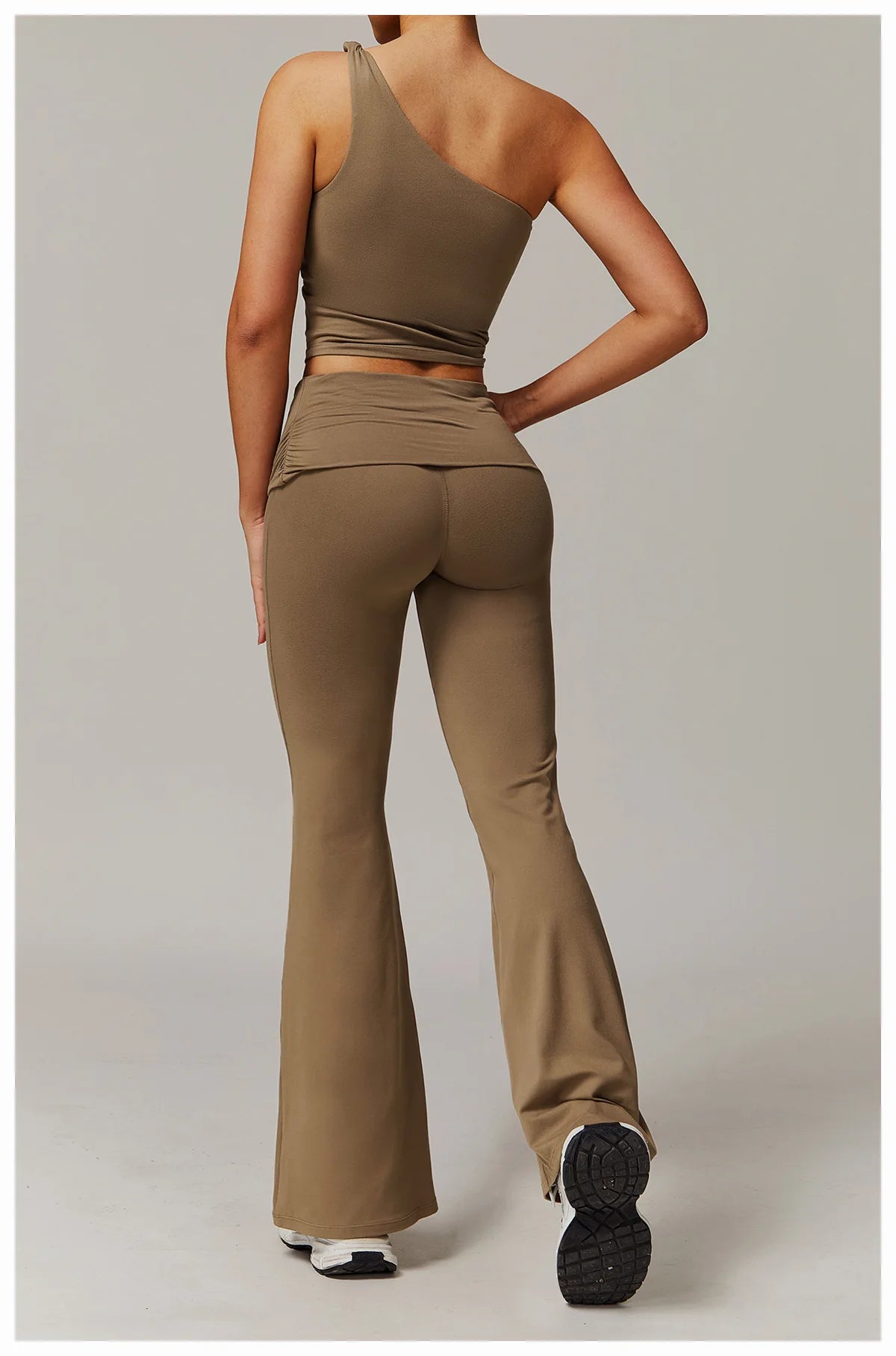 Xooie Fit flare leg workout set in brown with one-shoulder top and high-waisted flare pants