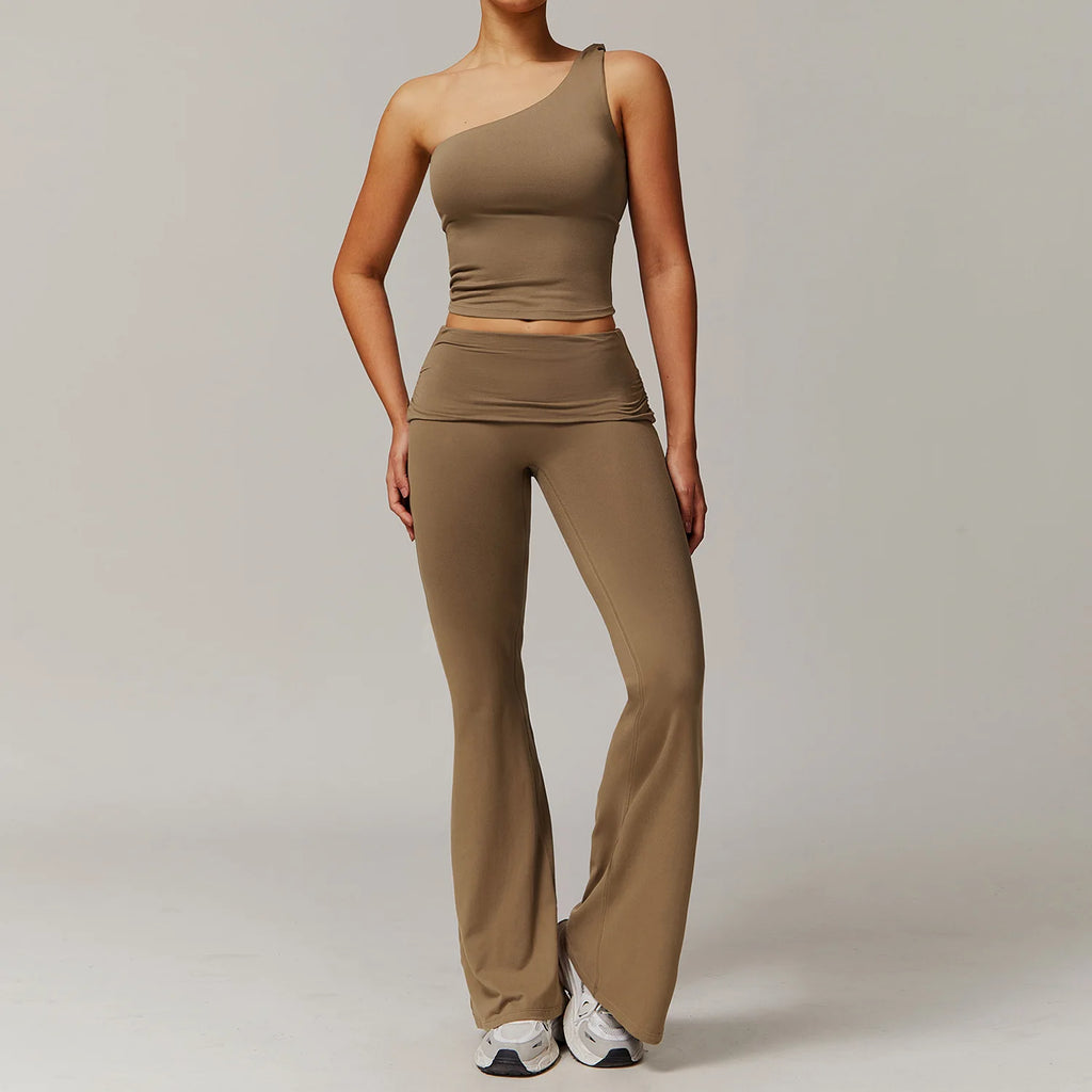Xooie Fit flare leg workout set with one-shoulder top and high-waist flare pants in brown