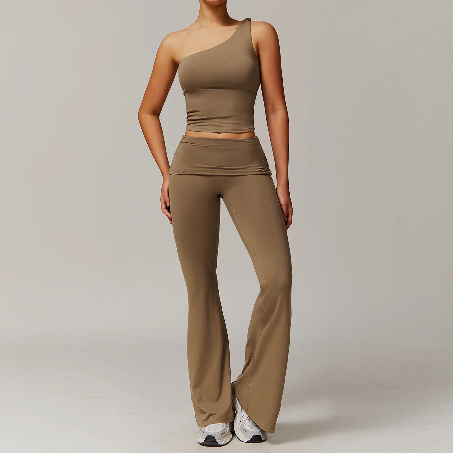 Xooie Fit flare leg workout set with one-shoulder top and high-waist flare pants in brown