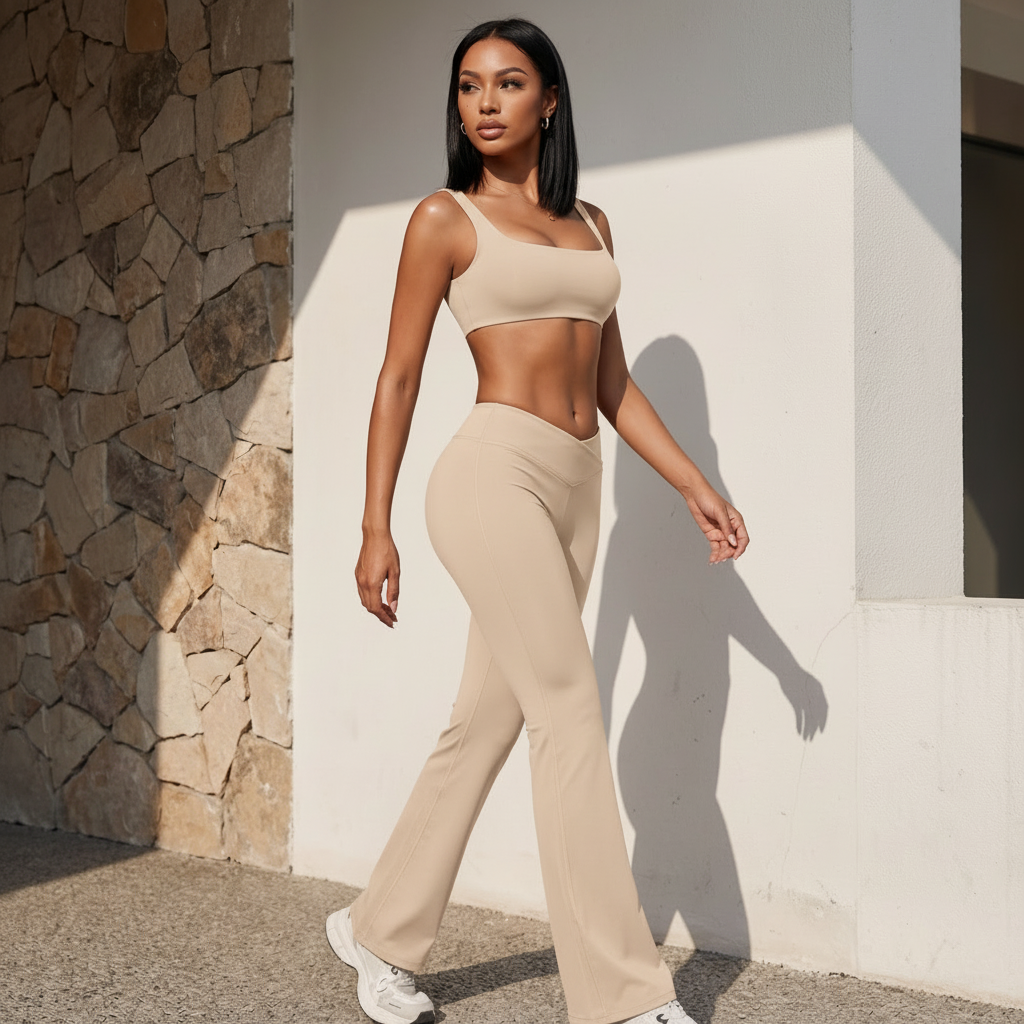 Xooie Fit Flare Pants and Bra Workout Outfit in Beige for Stylish Comfort and Flexibility