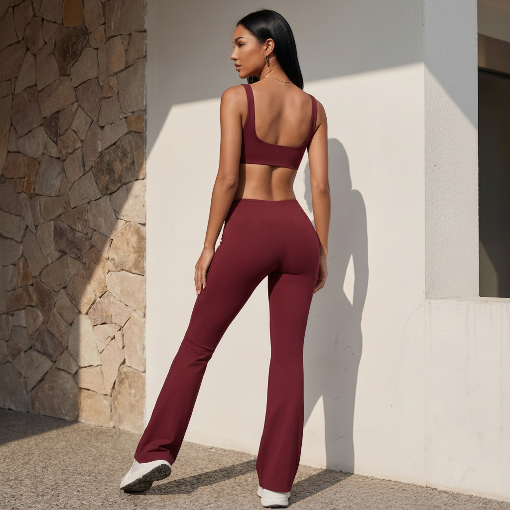 Cherry red set with racerback bra and high-rise flare pants, back view