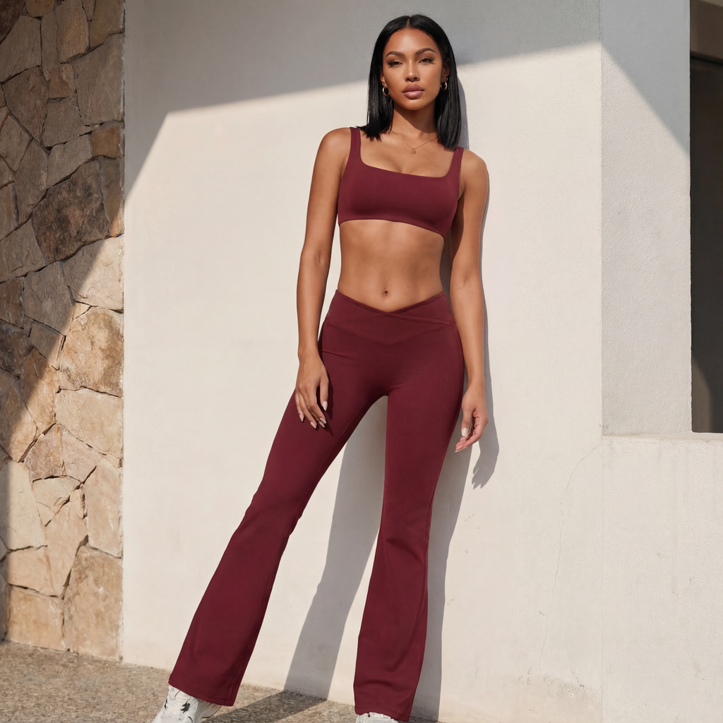 Cherry red matching bra and flare pants set, square neckline bralette and wide-leg pants