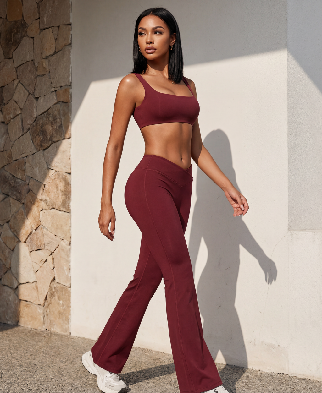 Cherry red cropped bra and high-waist flare pants set, front view