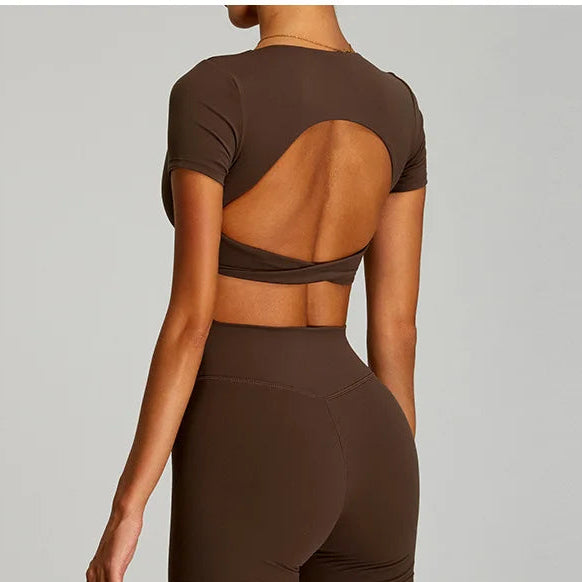 Brown Xooie Fit two-piece set featuring short sleeves and flare pants matching set for women